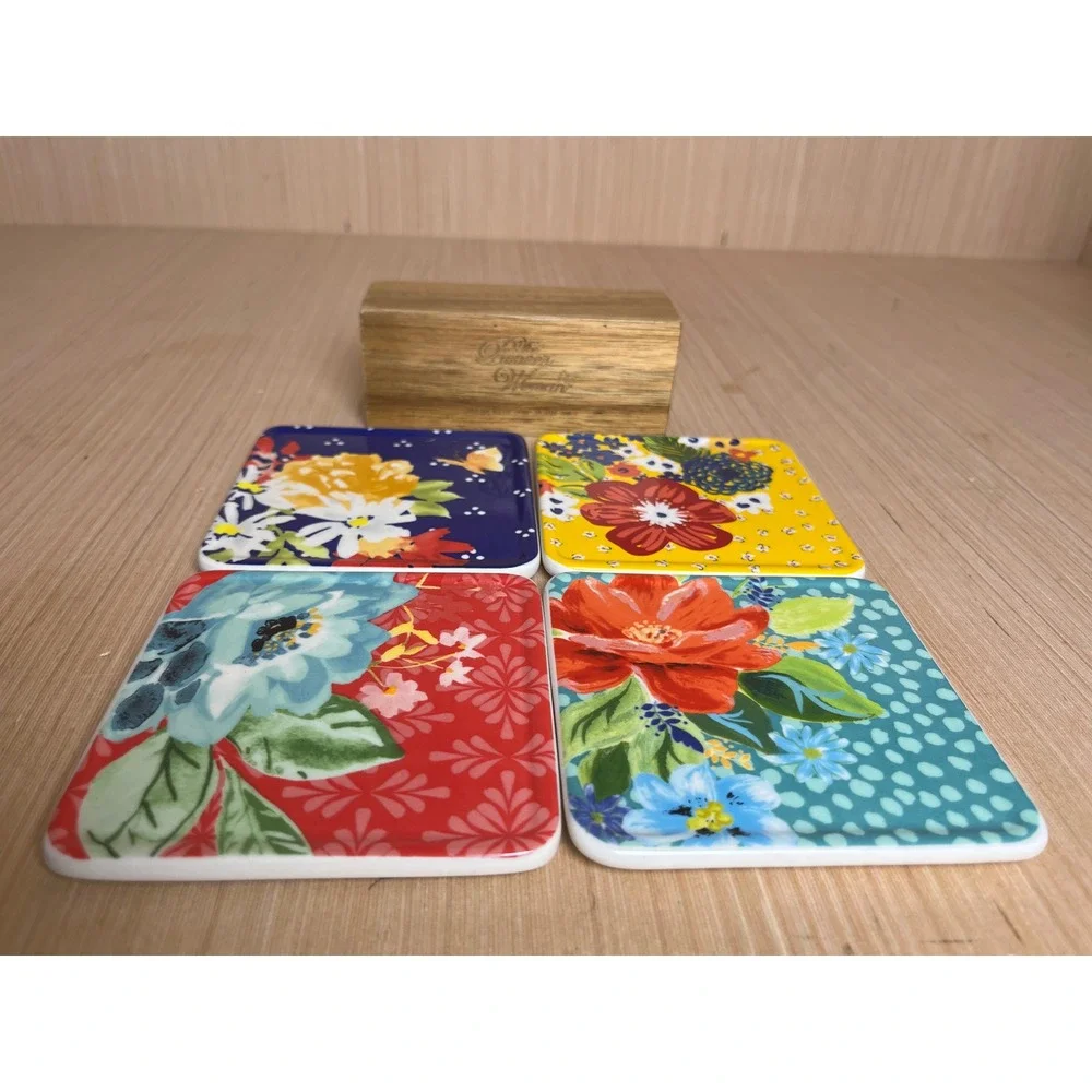 The Pioneer Woman Floral Ceramic Coaster Set of 4 with Engraved Wood Holder Boho